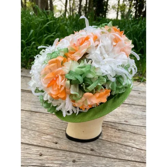 Vintage 1960s Millinery Flower Bucket Hat Peach and Green